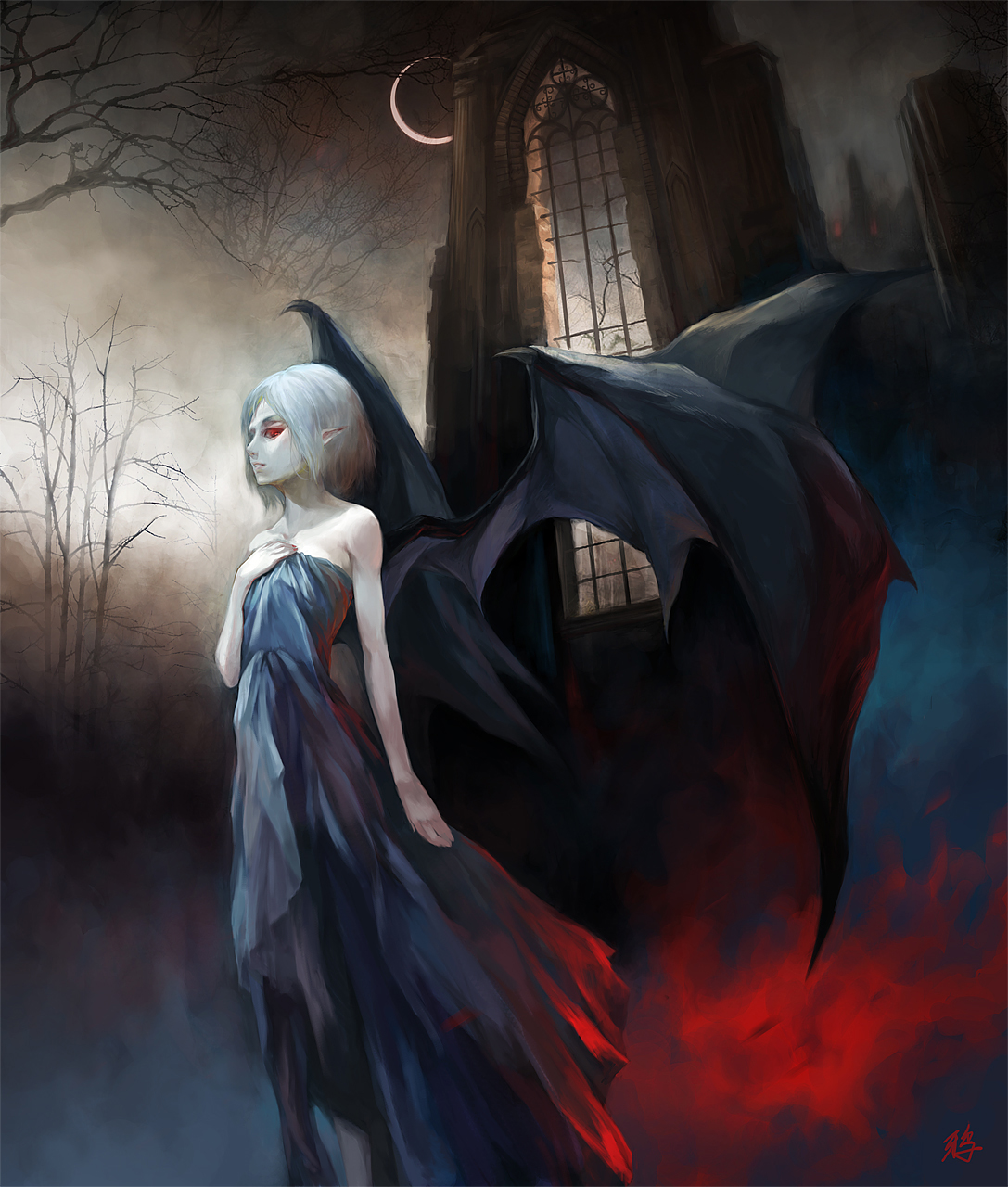 вампирка с крыльями на фоне луны